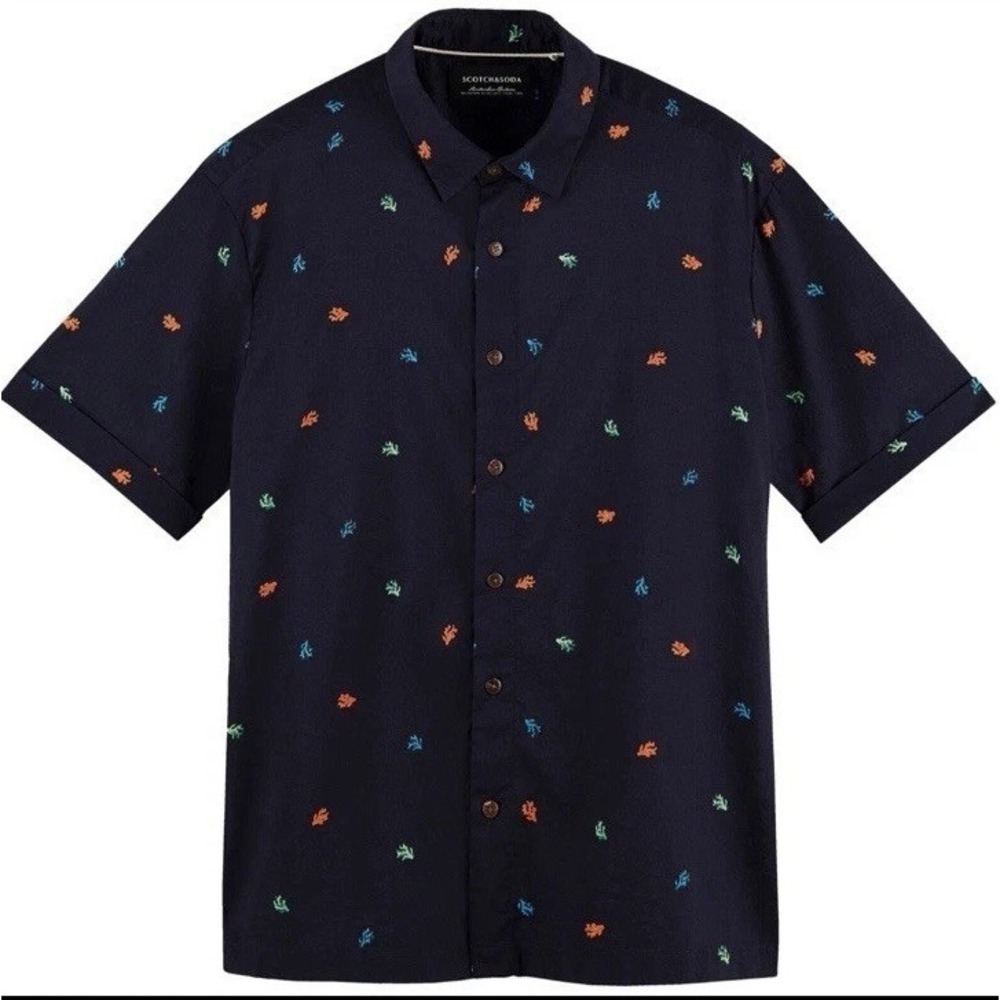 Scotch & Soda Coral print Short Sleeve Shirt Navy Blue XXL preppy Casual Resort